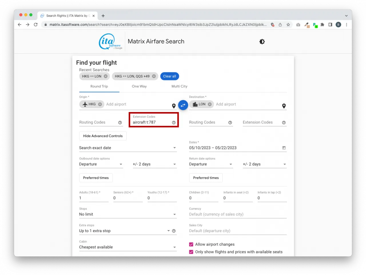 我們可以透過 Extension Codes 去搜尋以指定機型營運的航班。