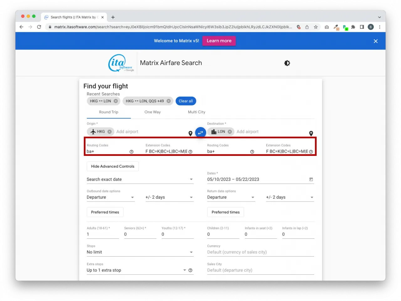我們可以在 Extension Code 命令系統只搜尋指定子艙等的航班。