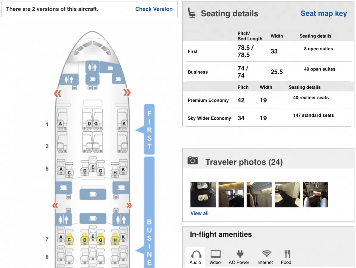 JAL 的 B777-300ER 有兩款座位配置,建議在 SeatGuru 作搜尋時要用航班的編號與日期一同搜尋,這樣的結果才最準確。
