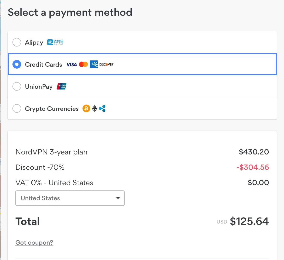 付款時,可以選擇以 AliPay、Visa、Master、Amex、銀聯卡或 Bitcoin 付款。