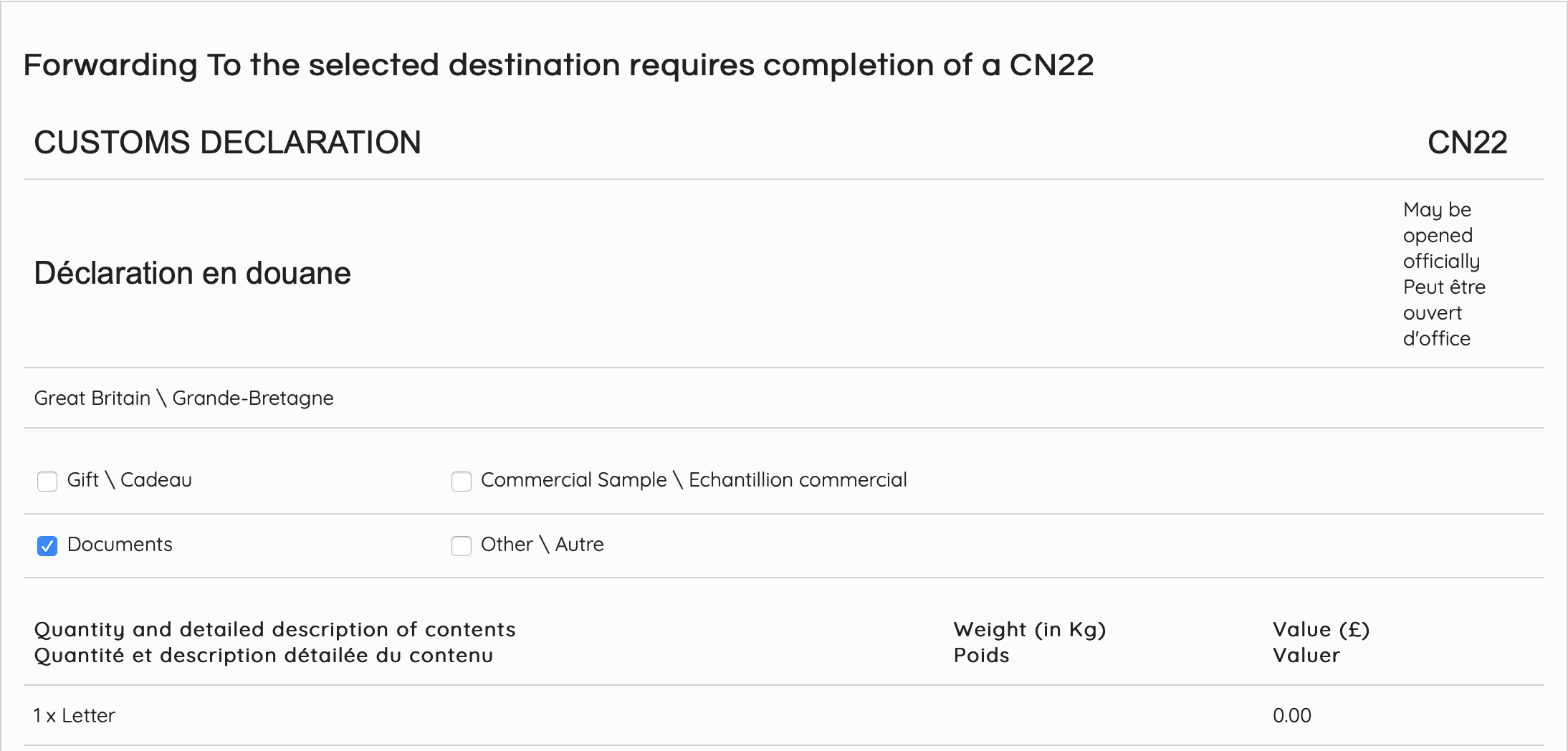 然後才正式開始報關,例如我這封信是裝著 Monzo 的 Debit 卡,我就選擇 Document。