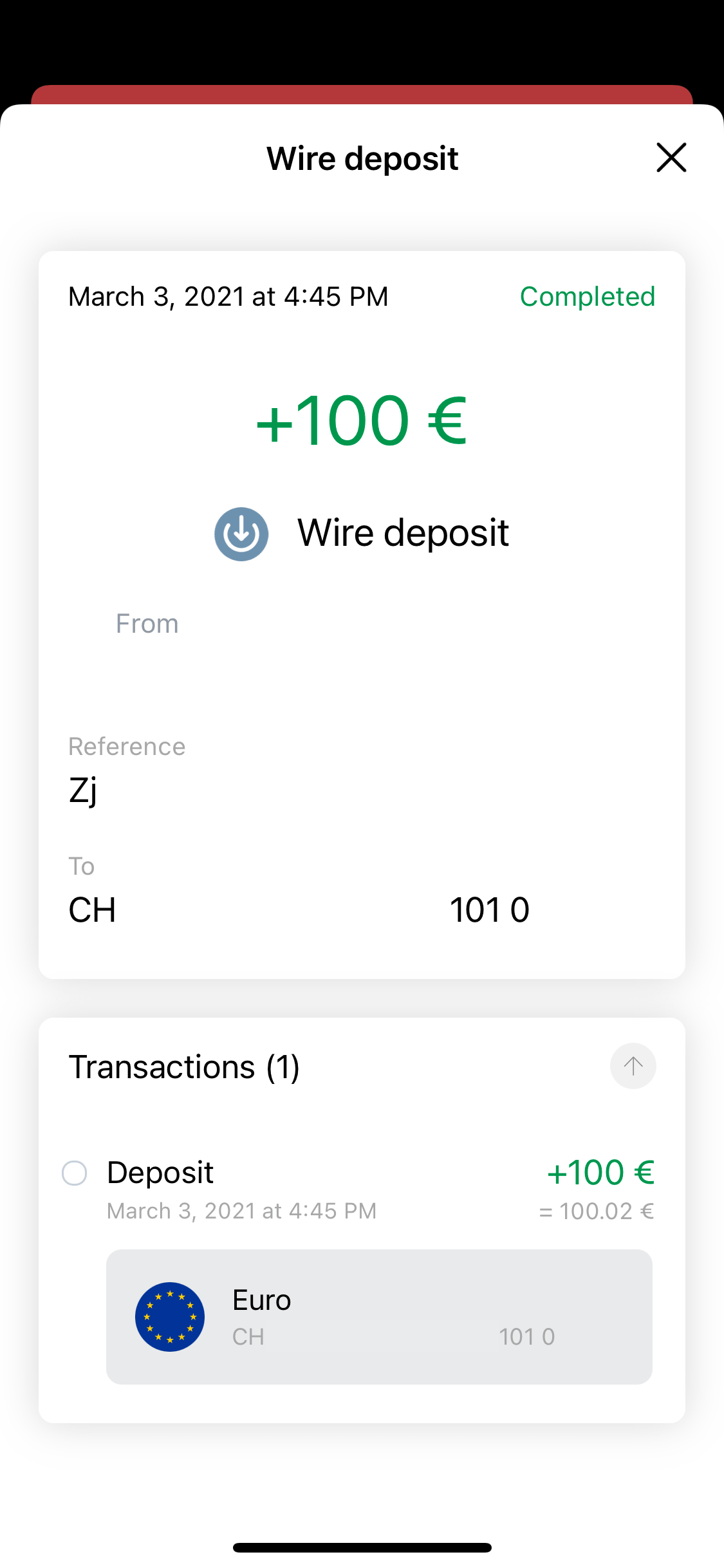 最後我的 Dukascopy 戶口在同一個工作天內成功收取完整的 EUR100 匯款款項。