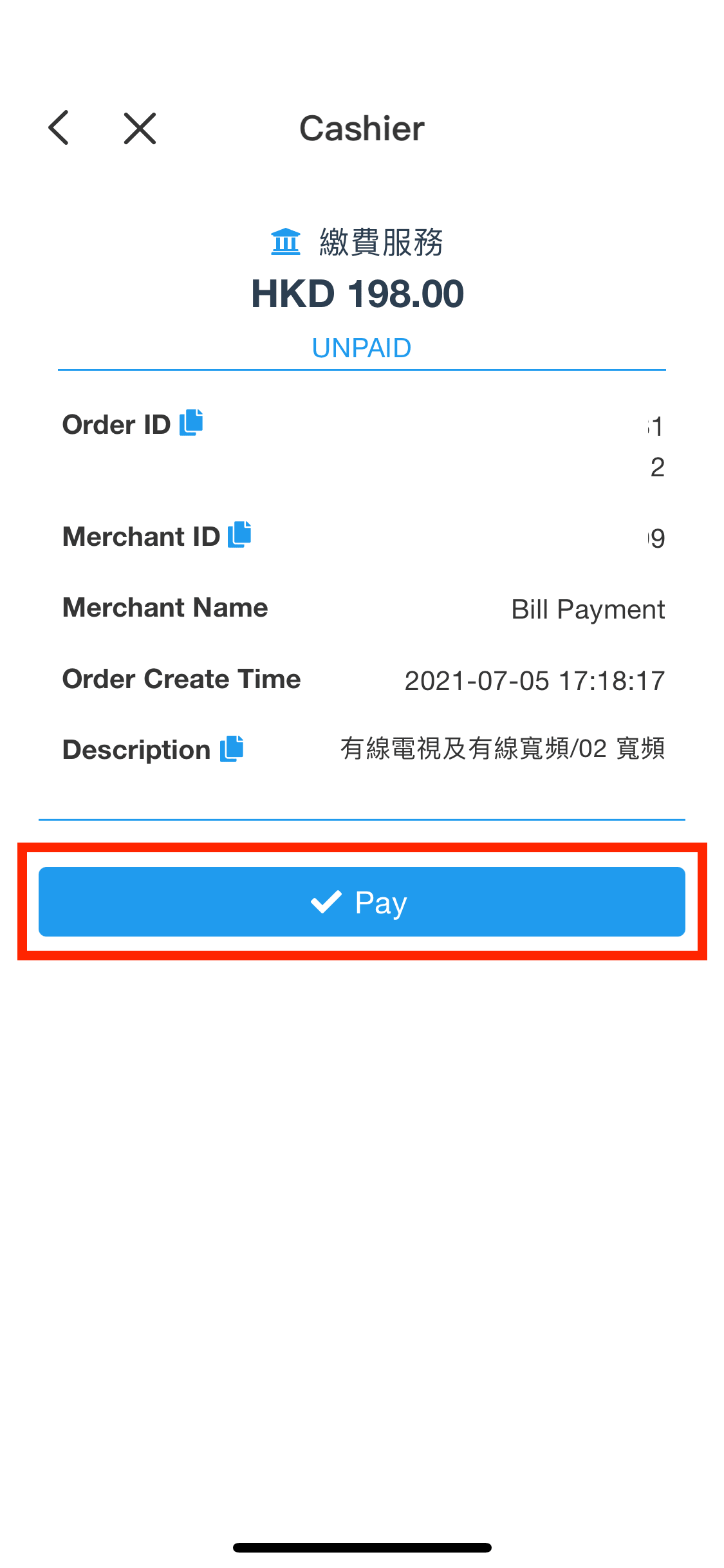 確認資料後,可按「Pay」完成繳費。