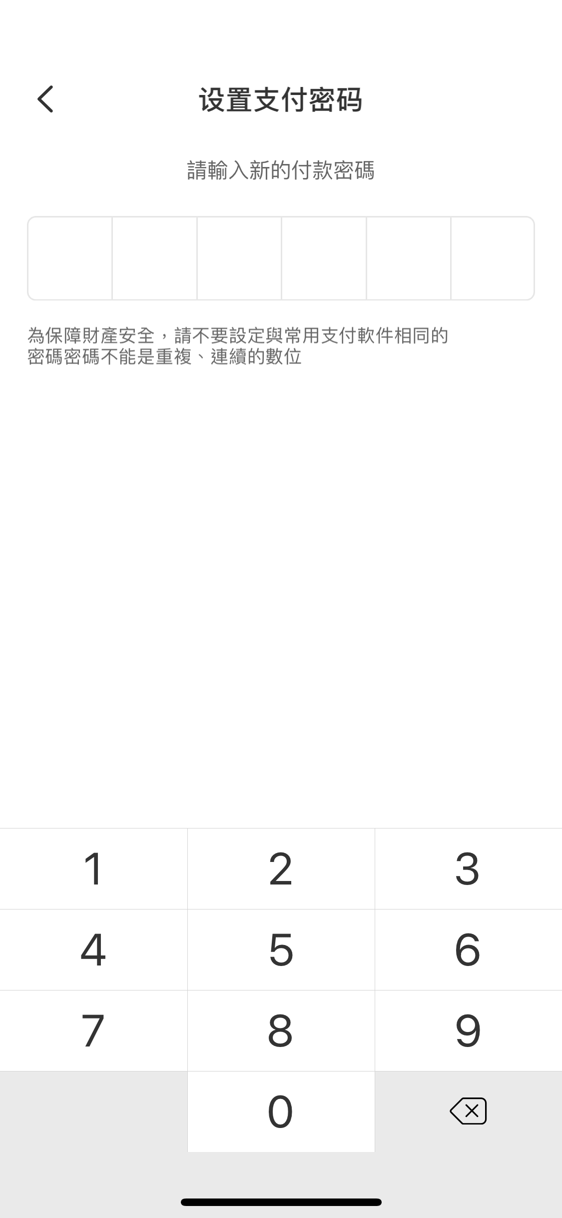 輸入兩次 6 位數字密碼,以設置支付密碼。