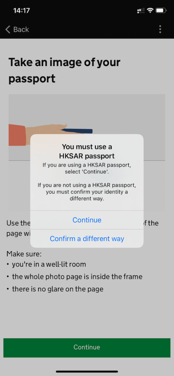 因為我是用香港特區護照的源故,所以我會按 Continue。