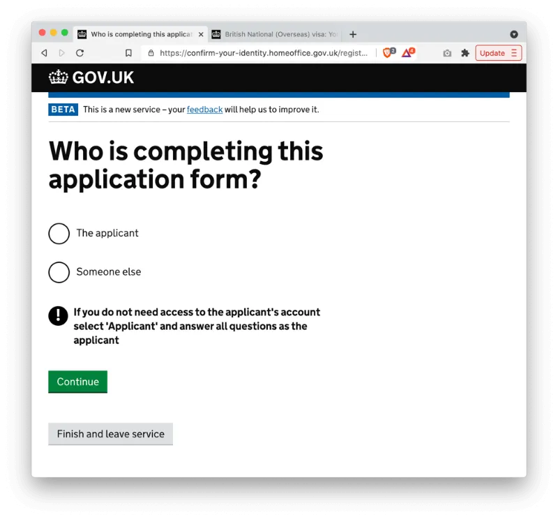 你是幫自己還是幫其他人去填申請表?我是為自己填的,所以我選 The Applicant。