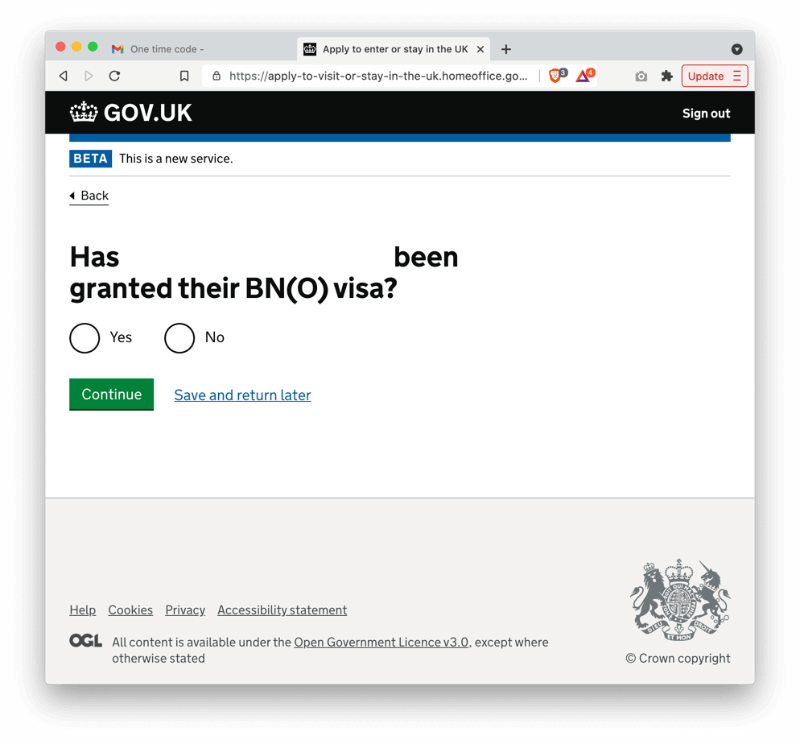 系統也會問主申請人是否已經獲批 BNO Visa,而我的答案是仍未,因為我們要一起申請 BNO Visa。