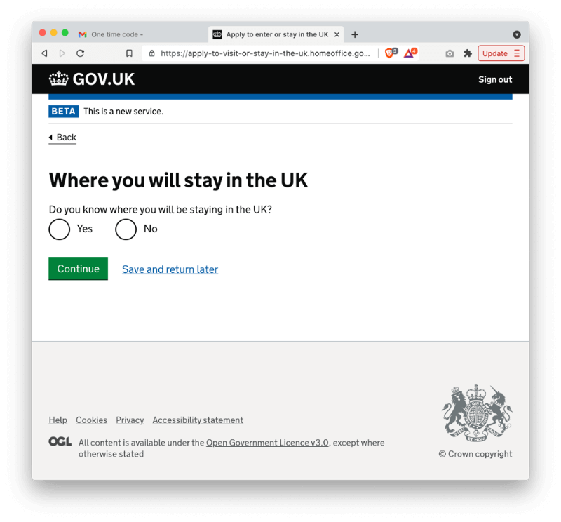 系統也會問你是否知道在英國的落腳點?我並不知道,所以我答 No。