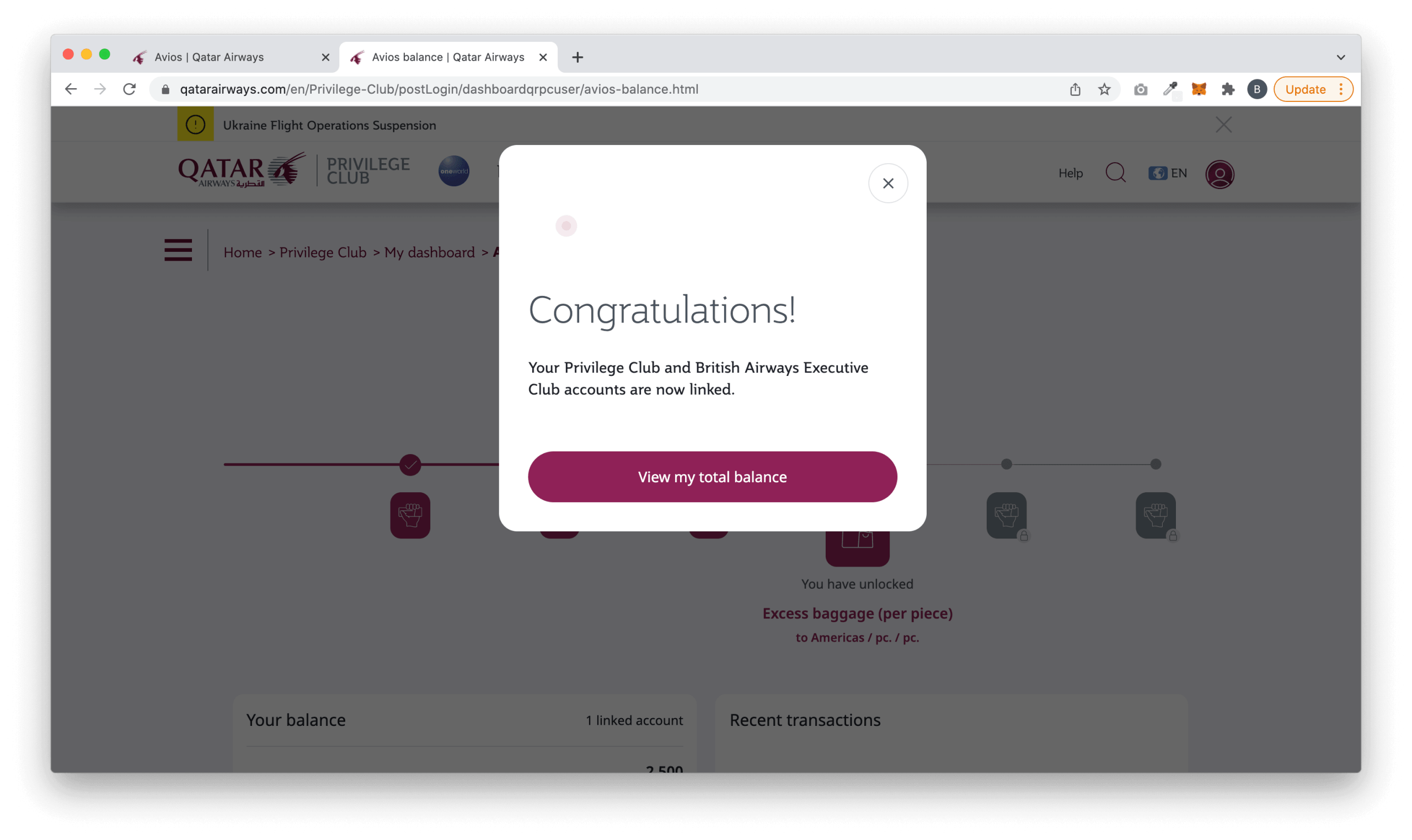 然後就成功打通 Qatar Airways 和 British Airways 賬戶裡的 Avios 啦!
