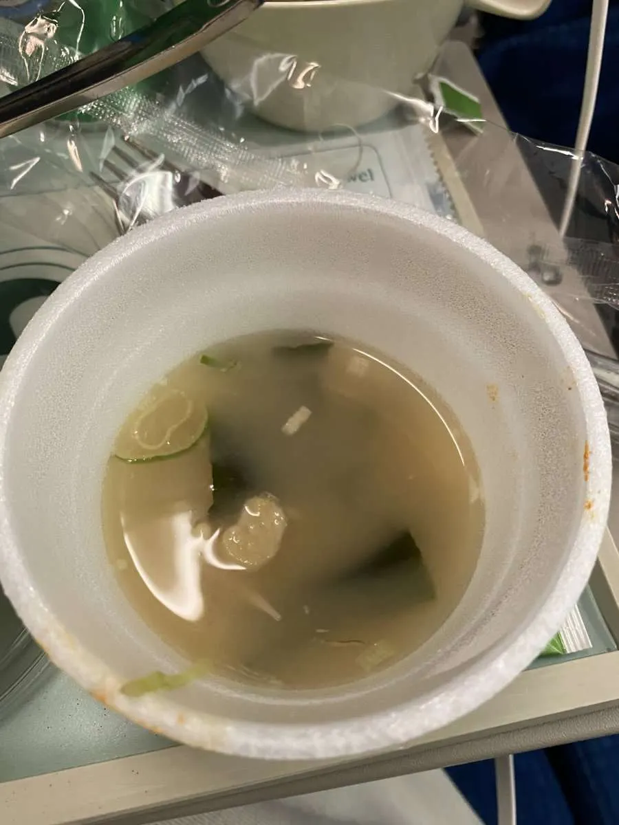 這是韓式大醬湯,看起來像日式的麵豉湯,不過大醬與麵豉的製法不一樣,所以味道上也有一點差別,但能夠在飛機上喝到熱湯感覺很不錯!