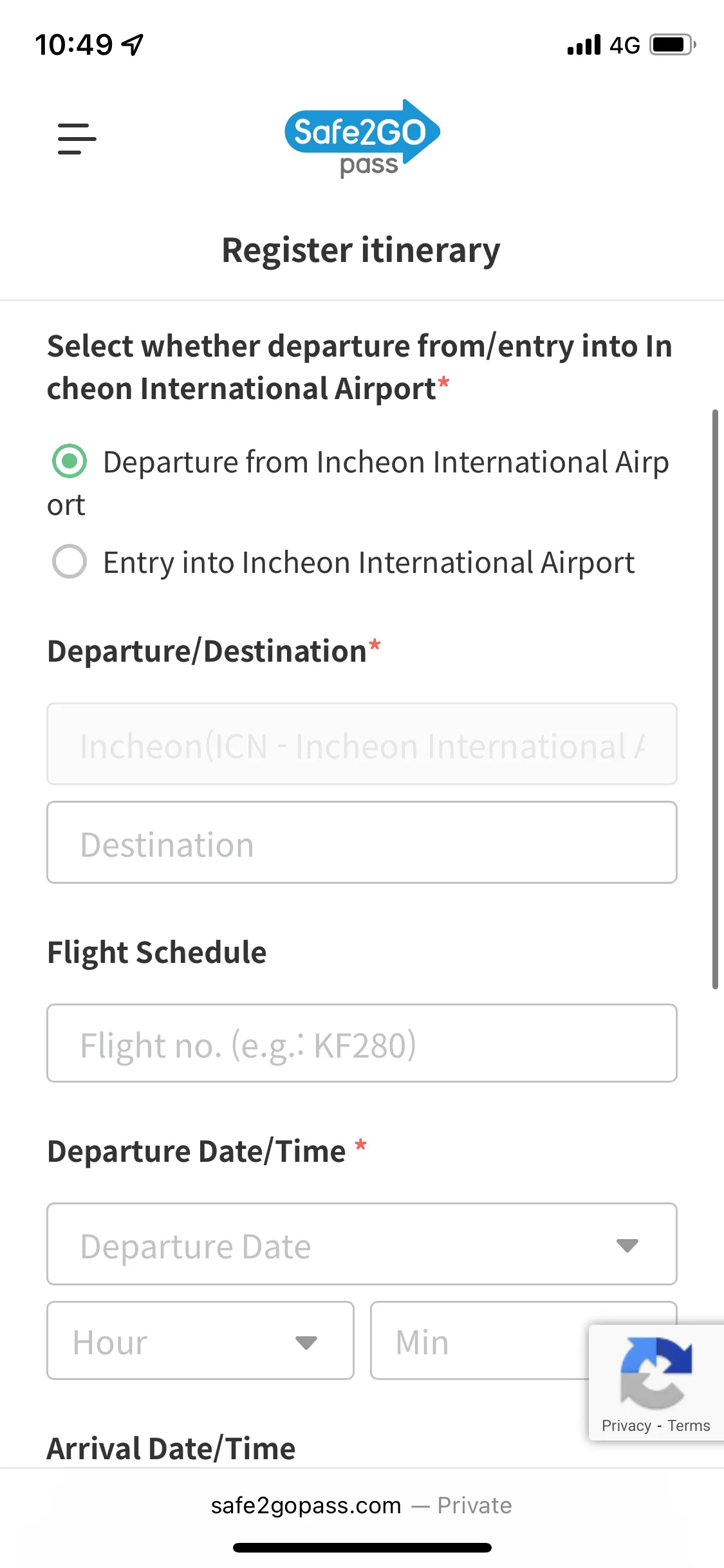 然後輸入有關旅程的資料,例如入境或出境韓國、出發地或目的地、航班編號、起飛及抵達日期等資料