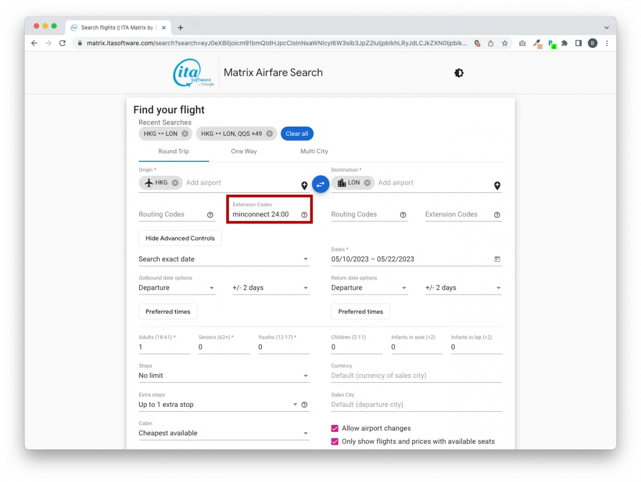 Extension Codes 一欄亦可用於篩選轉機時間的長短。