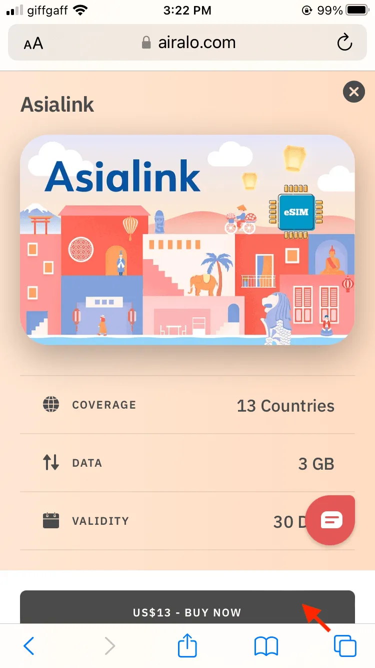 我這次打算用 US 買張 30 日有效的亞洲 13 國 eSIM。