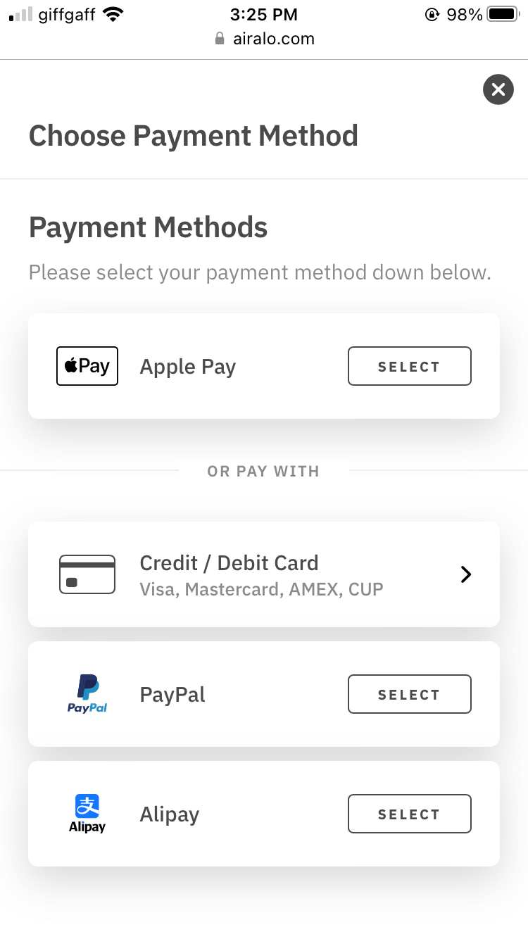 付款時可選用 Apple Pay、Visa、Mastercard、AMEX、銀聯信用卡,也可以使用 PayPal 或支付寶!