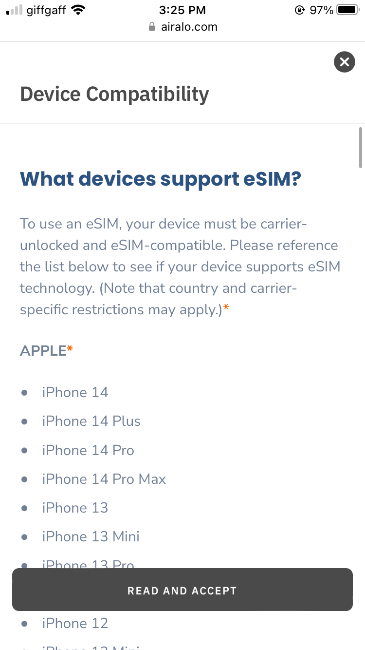付款前系統也是提醒我們檢查一下自己的手機是否有支援 eSIM 功能。