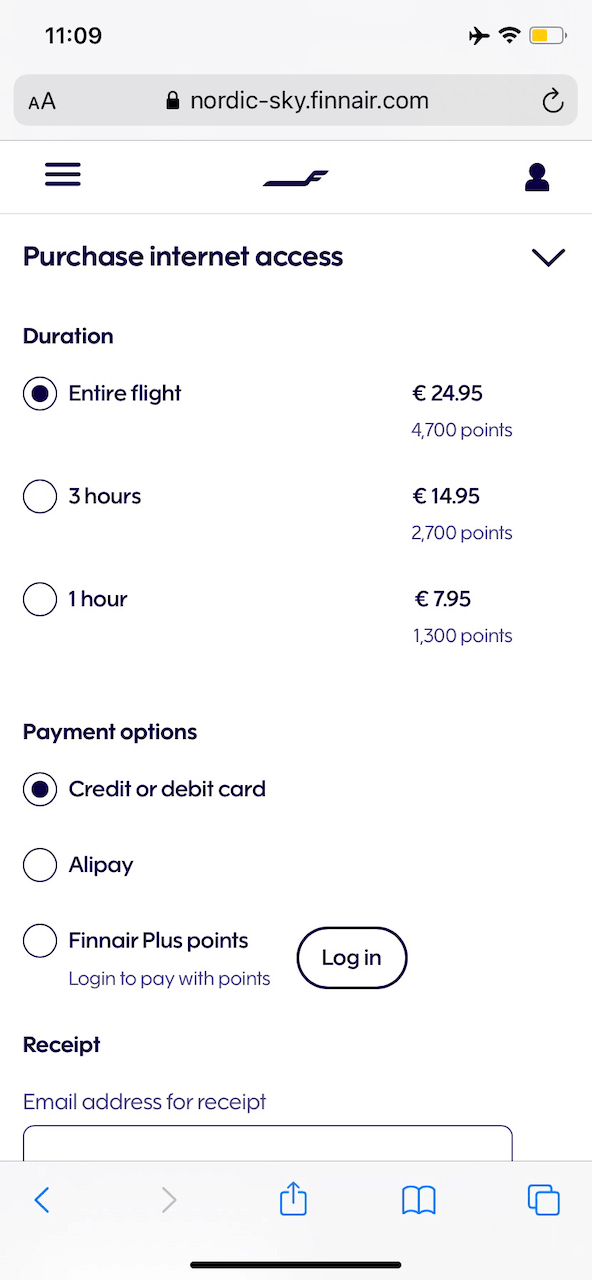 要全程機都上網的話,收費為 EUR24.95,可以使用信用卡付款。