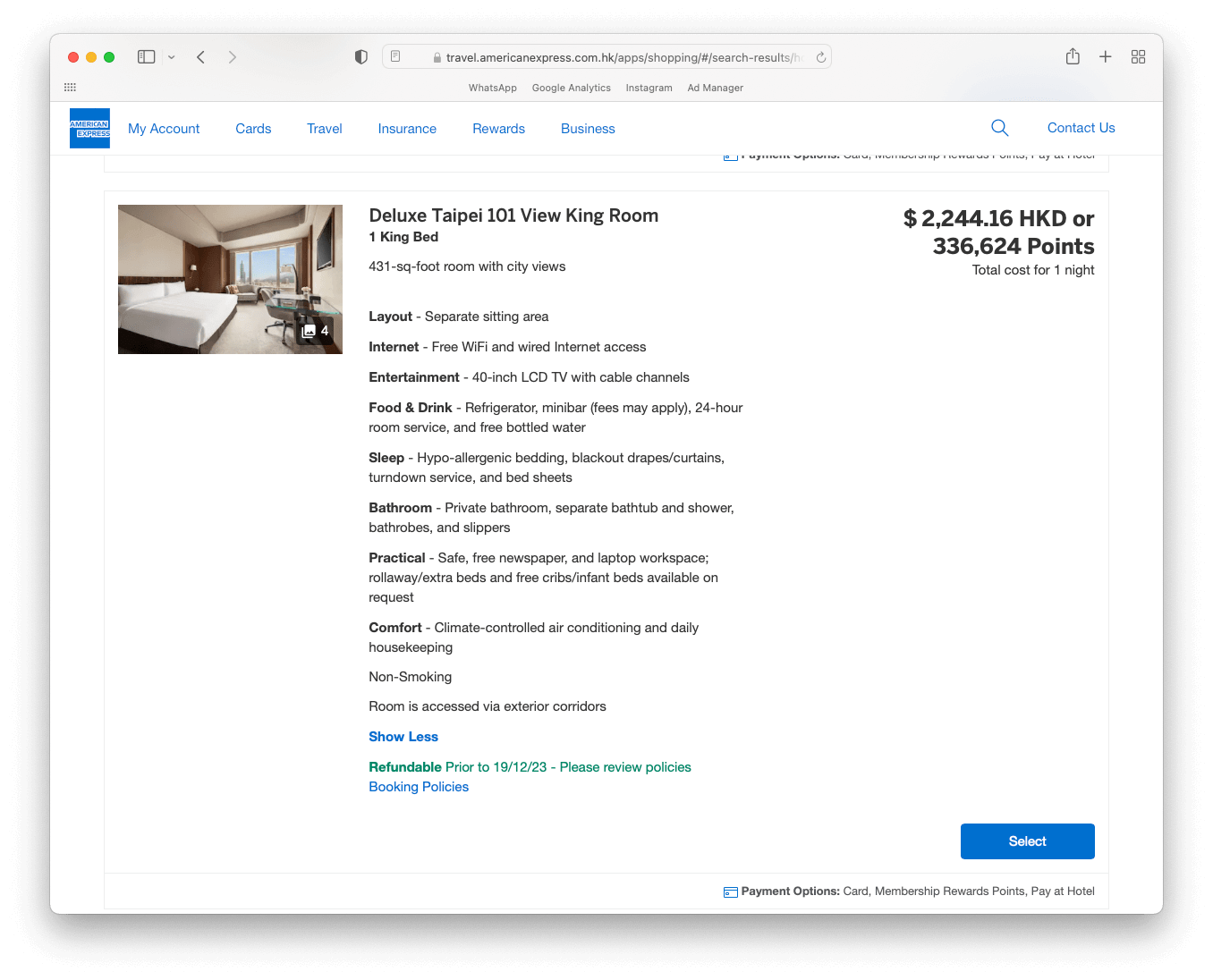 同樣是望 101 的房型、同樣是能彈性取消的房型,經 AMEX Travel Online 預訂也同樣只需 HK,244!