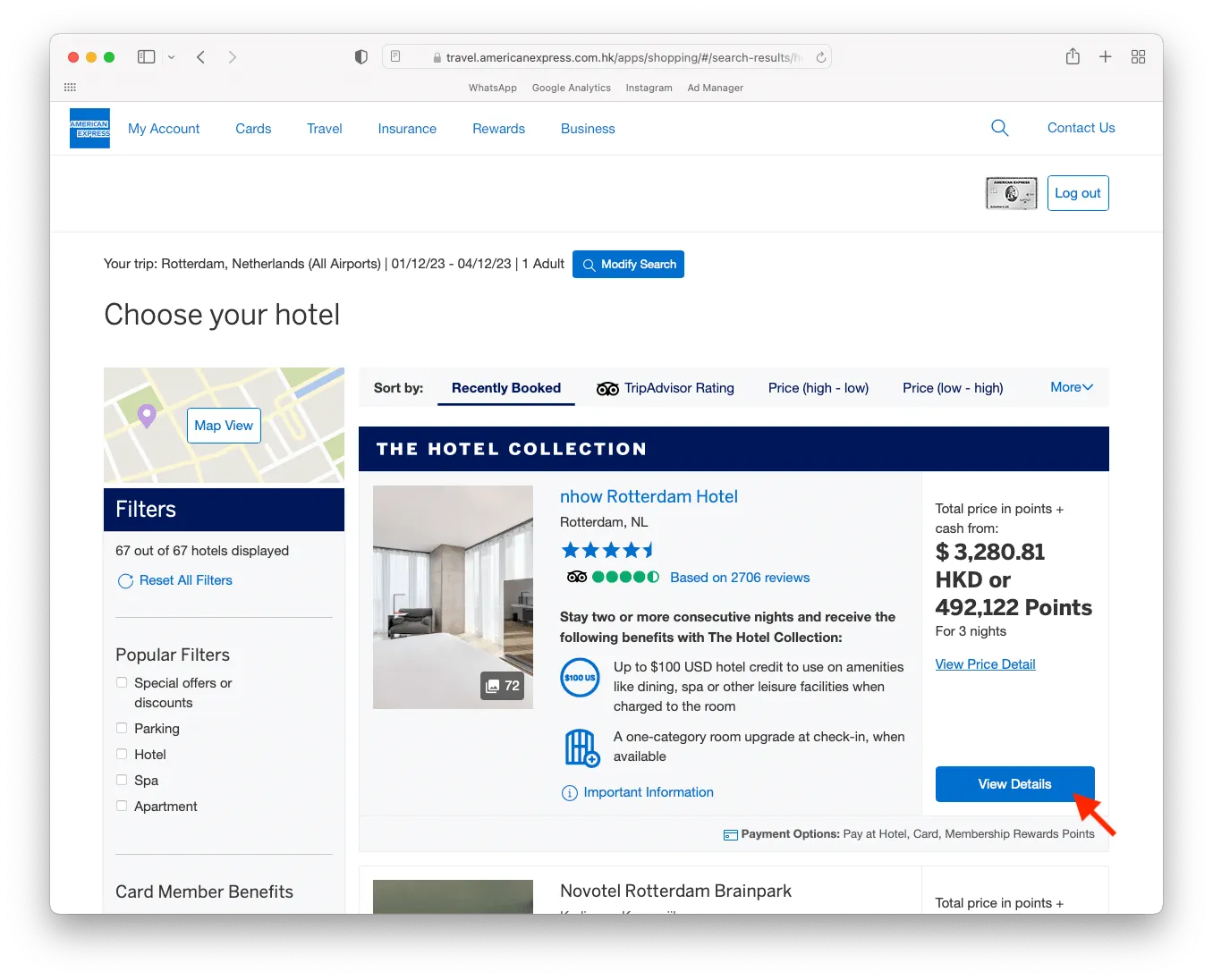 先在 AMEX Online Travel 網站裡挑選想要入住的酒店。