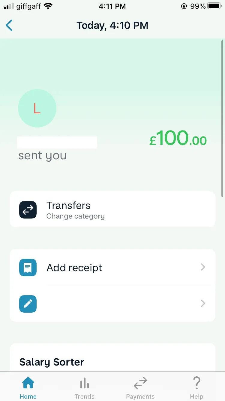 看!我有即時在 4:10PM 就收到剛才所匯的 £100!