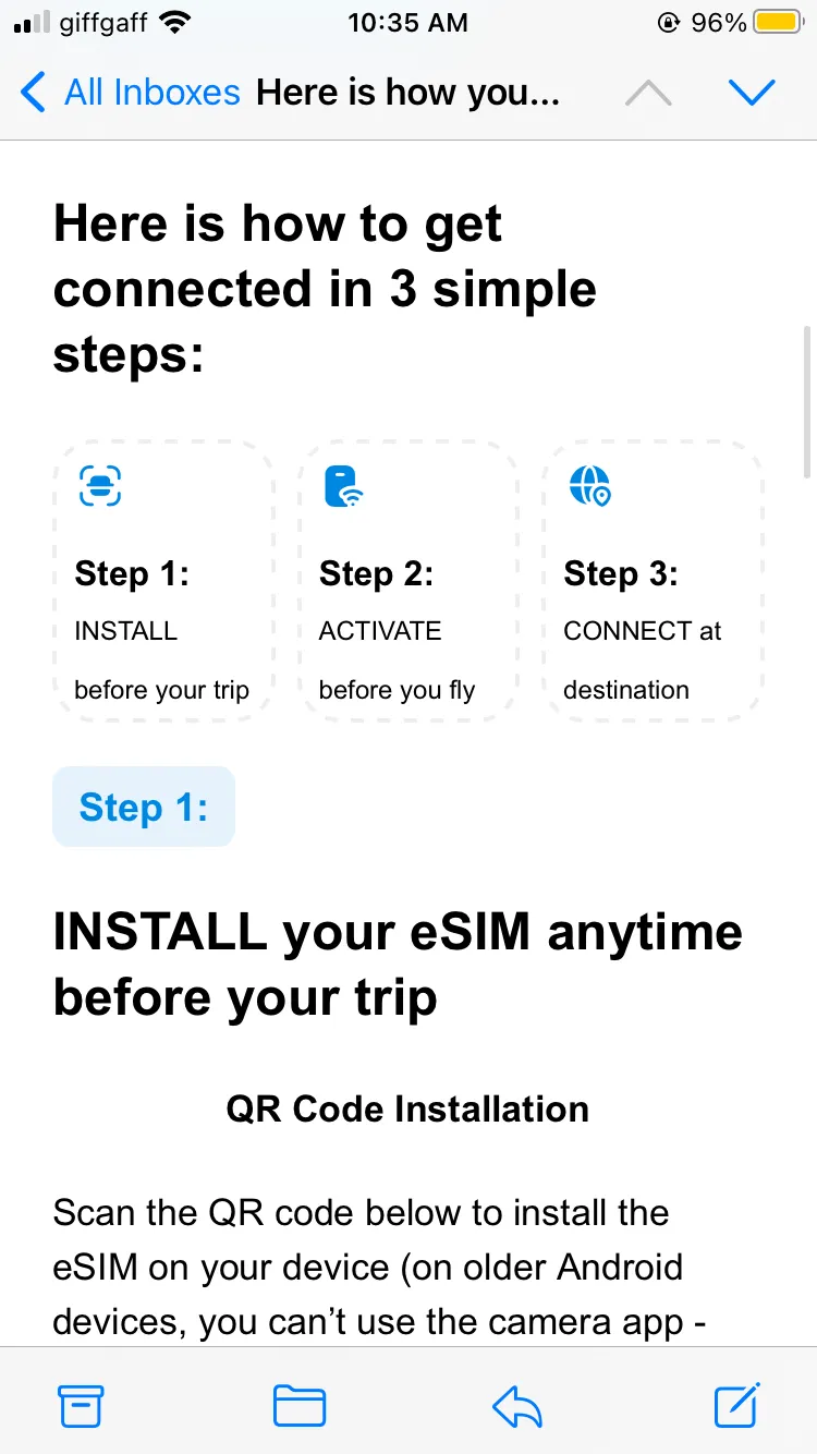 我們會在 E-Mail 裡找到 Nomad eSIM 的安裝指南。