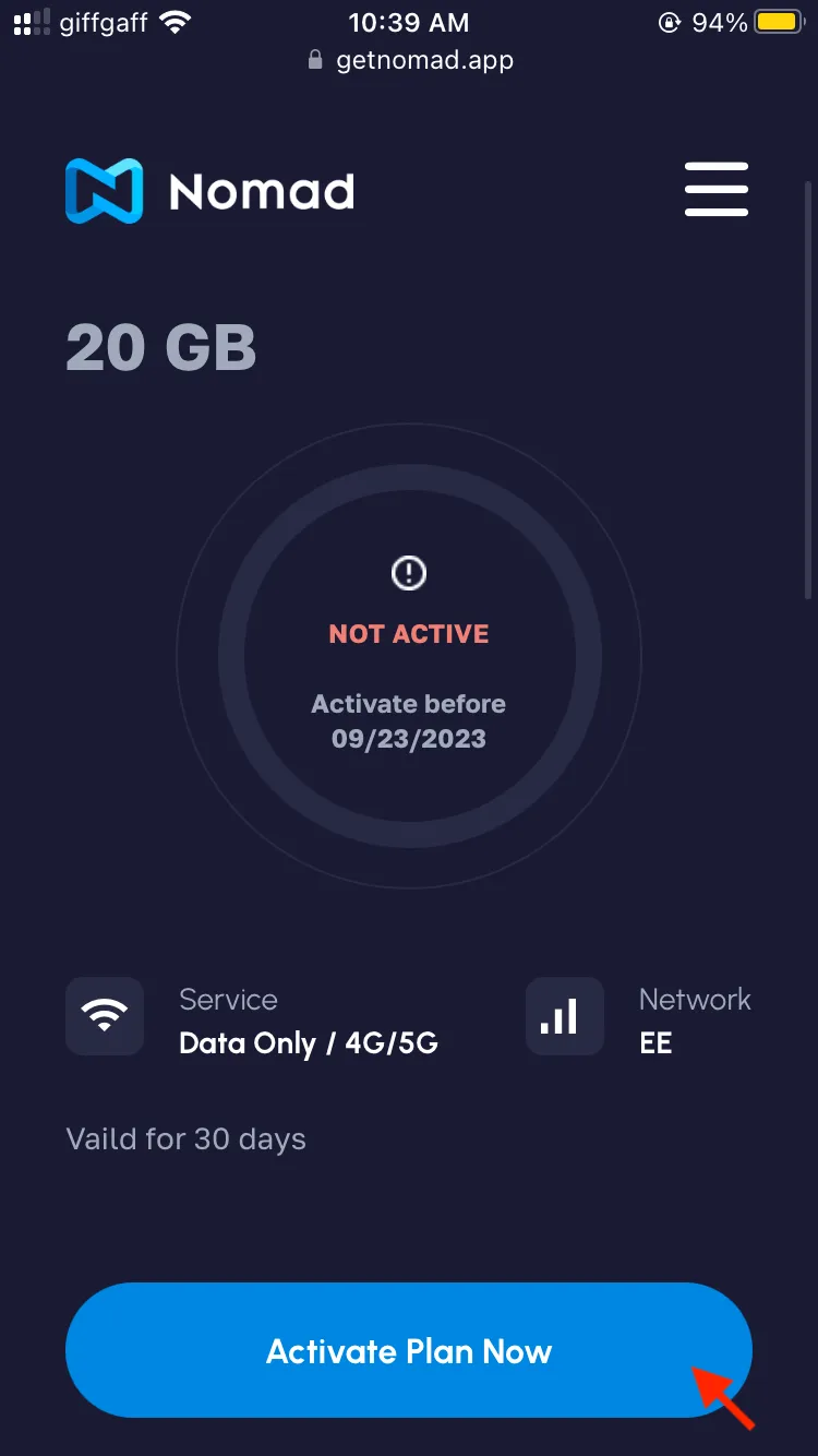 當要真的使用 Nomad eSIM 上網時,我們要回到 Nomad eSIM 的網站裡點擊「Activate Plan Now」。