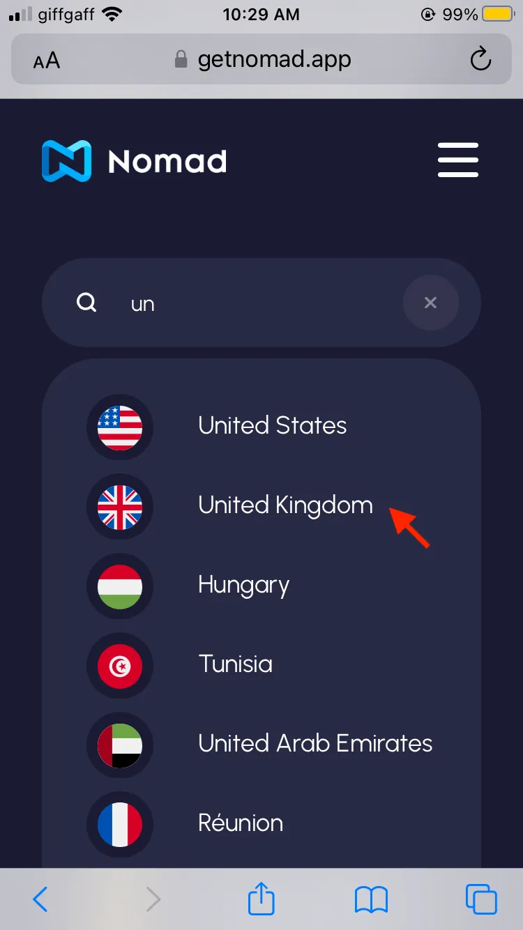 這次我是要在英國用 Nomad eSIM,所以也自然地選了 United Kingdom 啦!