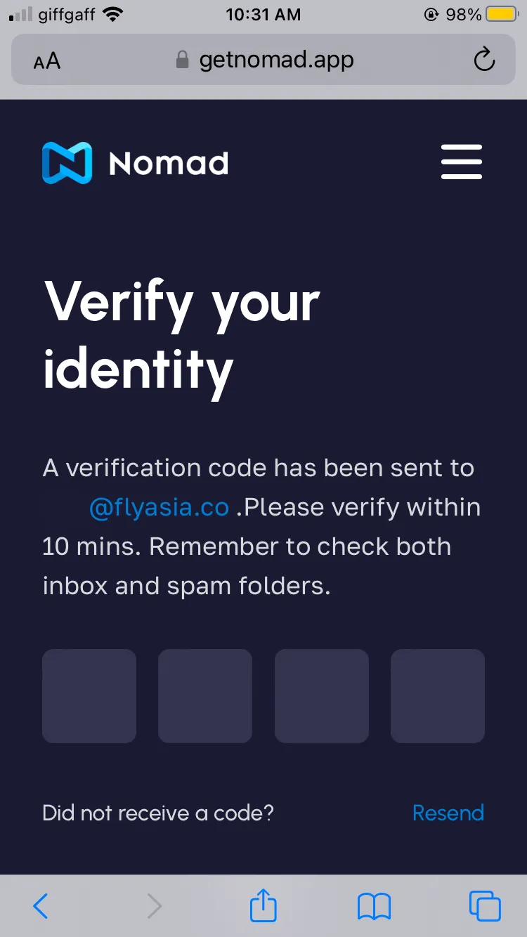 相關電郵地址會用來接收安裝 eSIM 會用的 QR Code,所以記得不要填錯!!!而 Nomad 的系統也會跟我們驗證一次電郵地址是否有效啦!