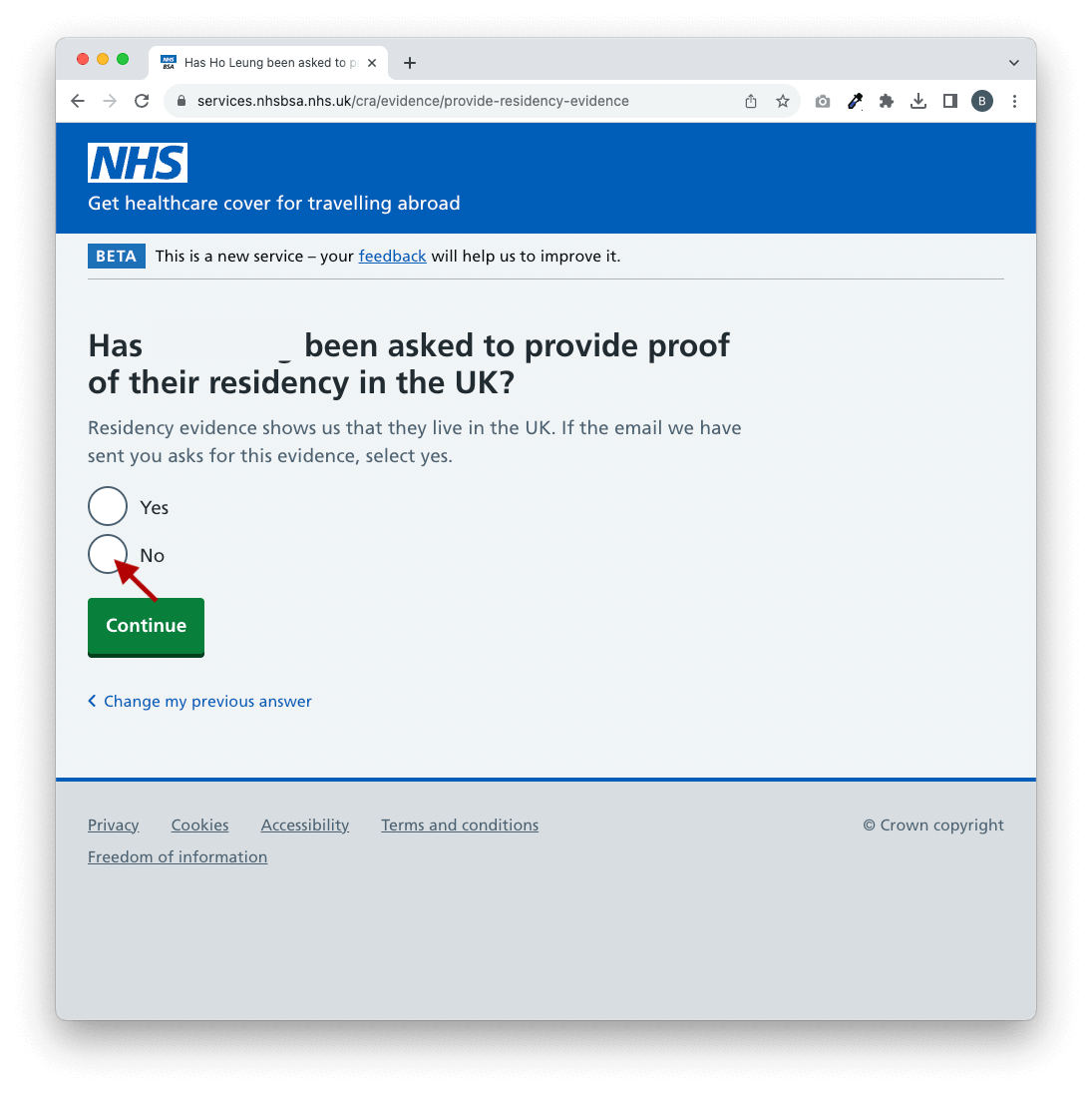 因為 NHS 沒有叫我拿 Proof of residency,所以按 No 即可。