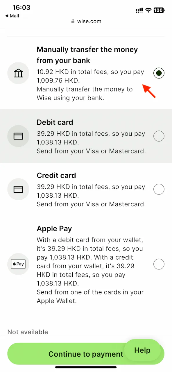 我會選用人手轉賬,因為用 Debit Card / Credit Card / Apple Pay 付款要承擔額外的手續費。