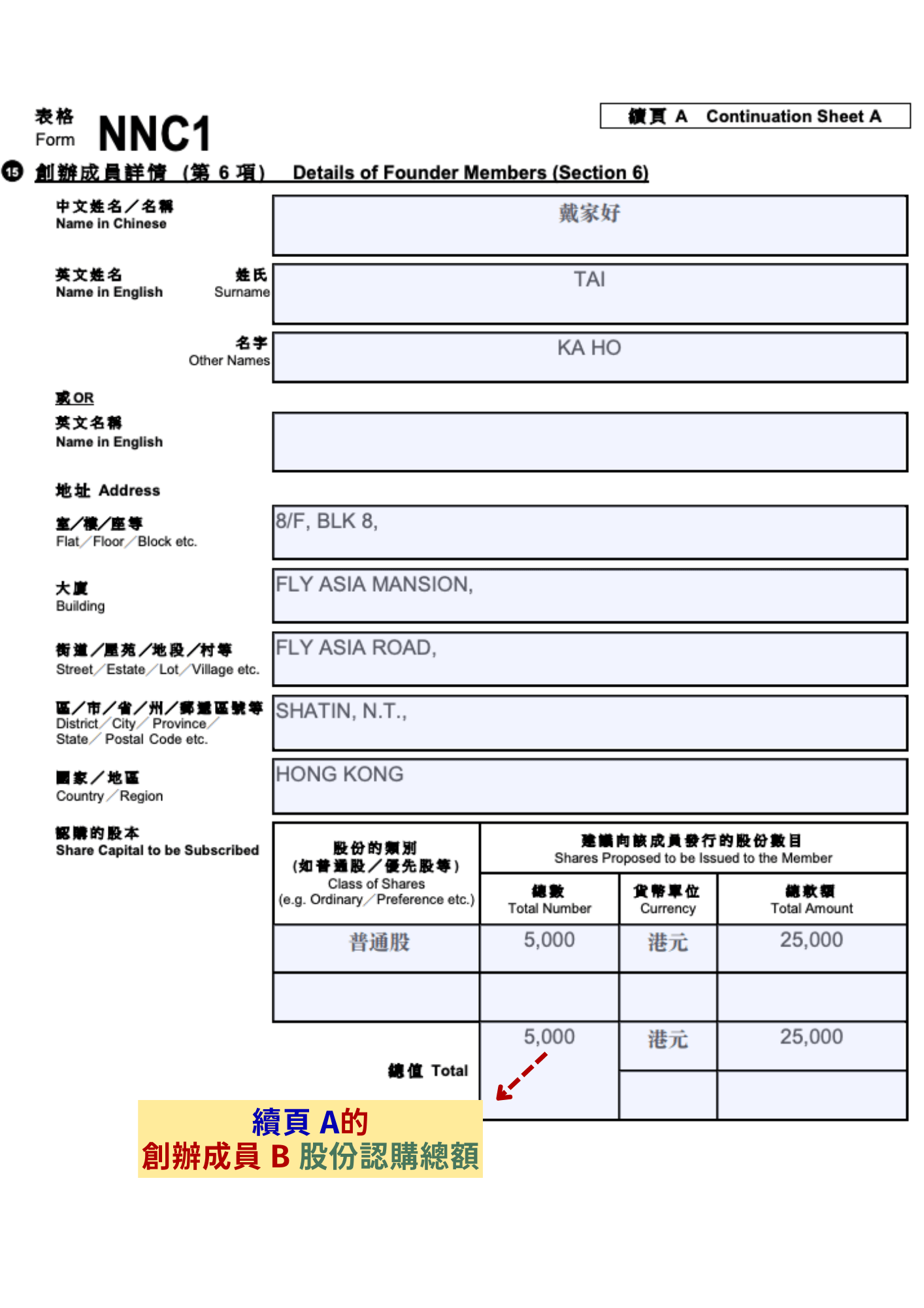 如果有多於一名創辦成員(公司首任股東),須在「續頁 A」中輸入其他創辦成員的個人資料及持股比例等資料