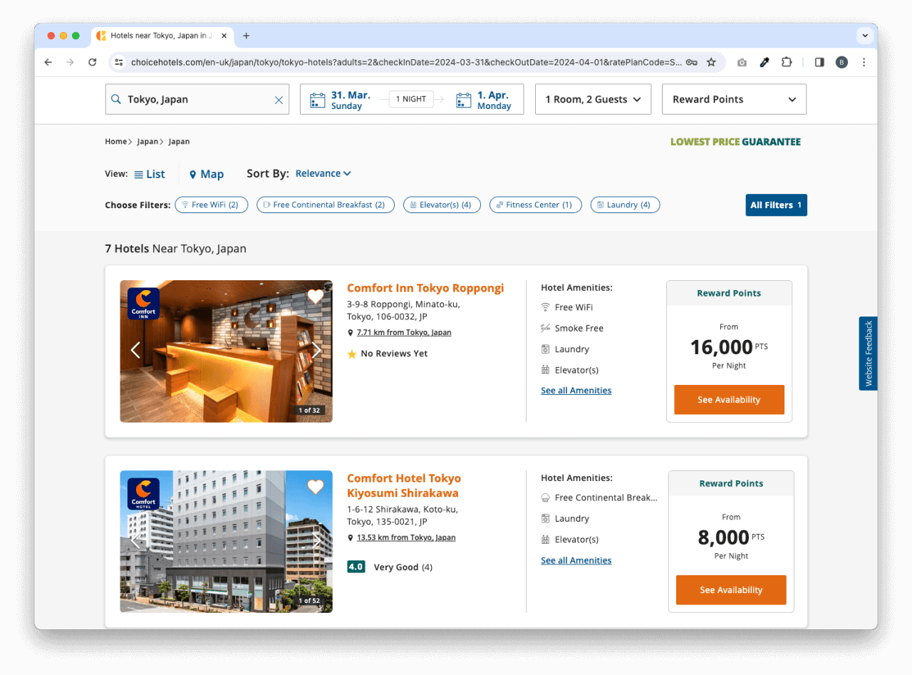 在 Choice Hotels 的網頁中以 Reward Points 搜尋即可看到相關日期的房間供應。以在清澄白河站的 Comfort Hotel Tokyo Kiyosumi Shirakawa 為例,我們用 8,000 積分就可以兌換到一晚,折合每晚 HK$431。