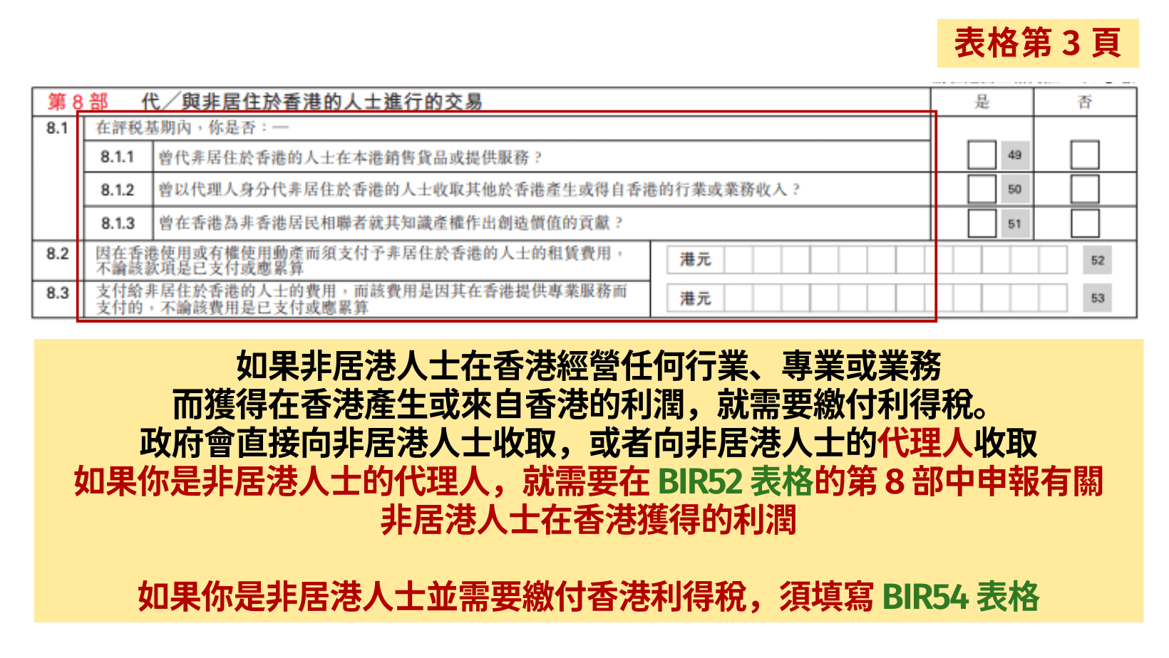 如果你是非居港人士的代理人,就需要在第 8 部份申報非居港人士的業務利潤等資料。