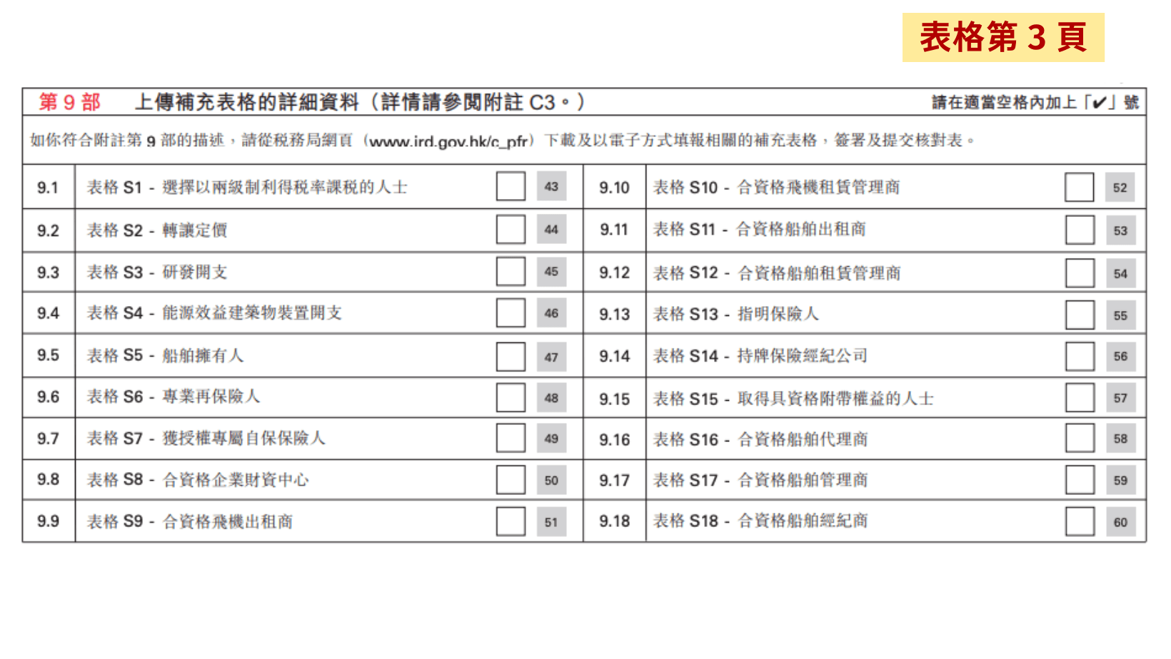 第 9 部份須視乎情況在旁邊方框加上剔號,並填寫補充表格