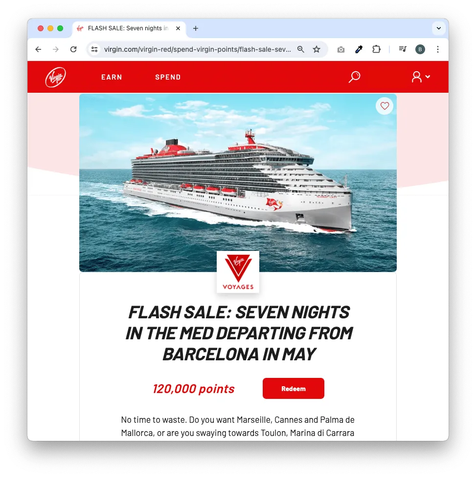 2024 年 5 月份的限時兌換 Virgin Voyages 項目。