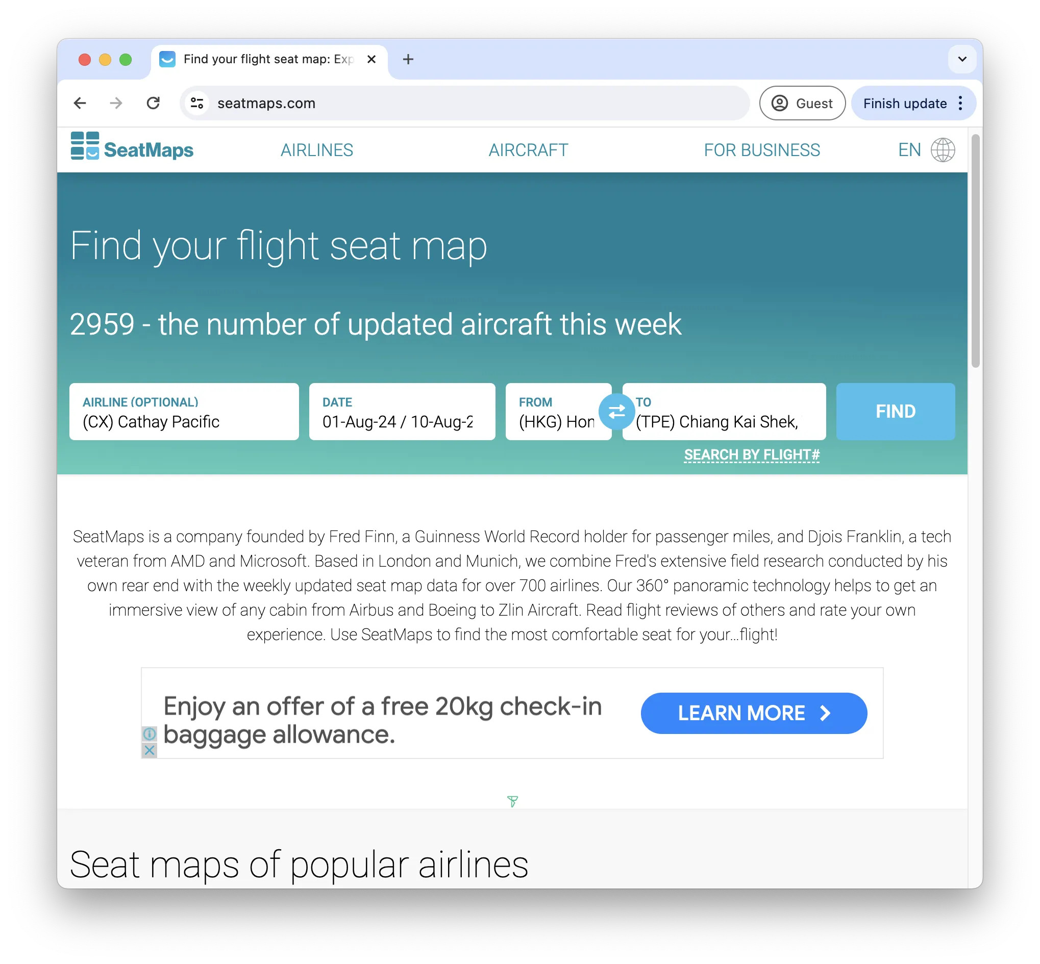 在 SeatMaps 的話,我們只需要輸入航空公司、旅遊日期、出發地及目的地後,按 Find 進行搜索