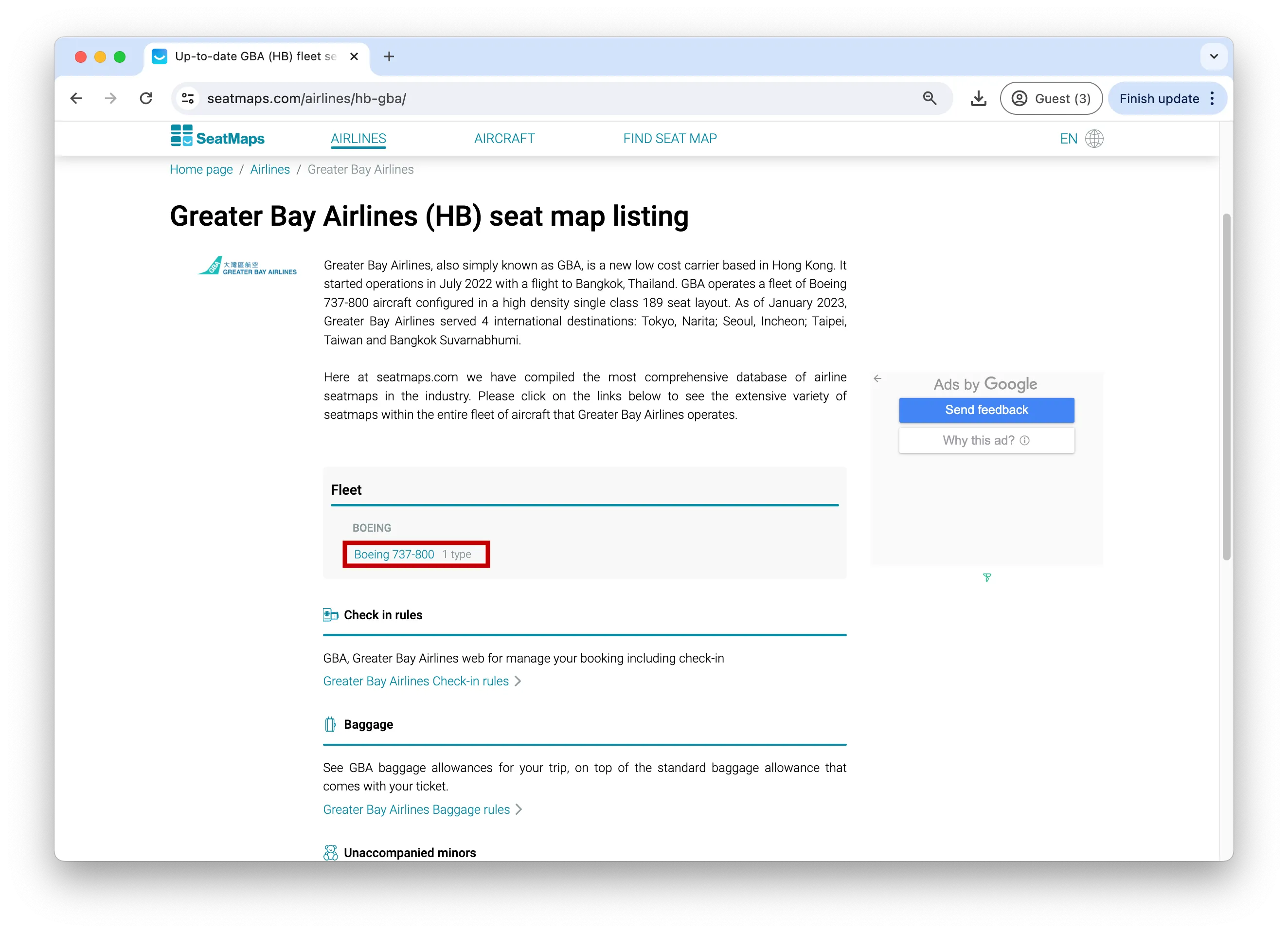 以大灣區航空為例,透過 SeatMaps 我們可以得知他們目前只提供波音 737-800 一款機型