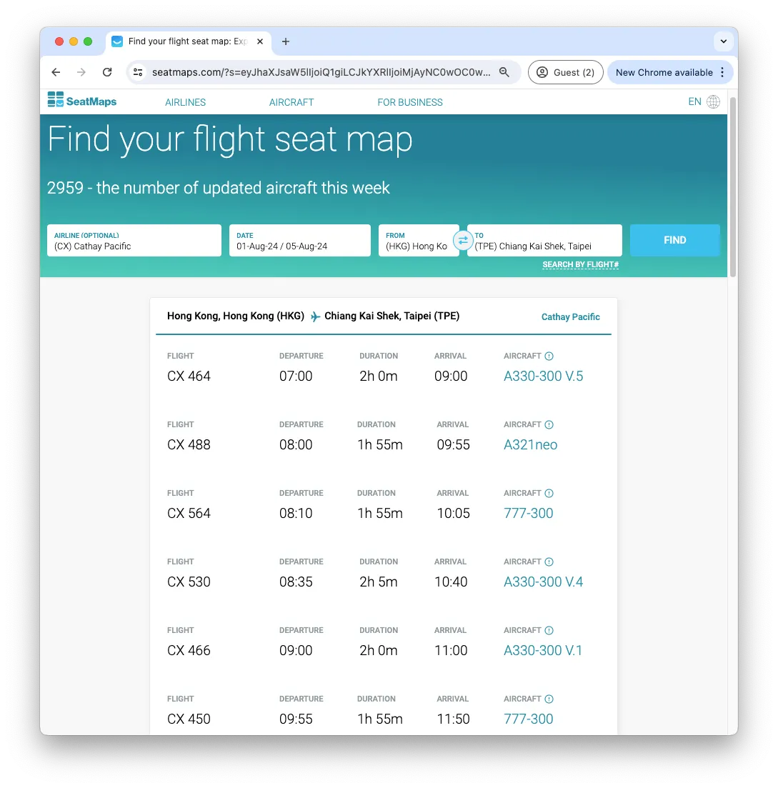 我們可以直接在 SeatMaps 上點擊不同的機型,以查看他們的座位表,從而分辨航班採用的是真 J 還是假 J。