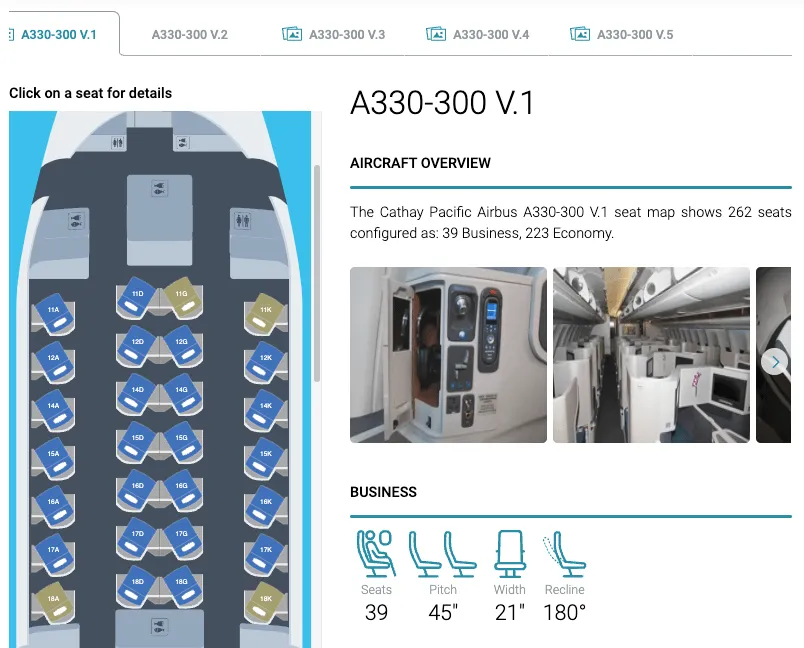 國泰的 A330-300 V.1 採用的是 1-2-1 的座位陣式,同樣採用反魚骨式的座位設計,就是大家最期待的真 J