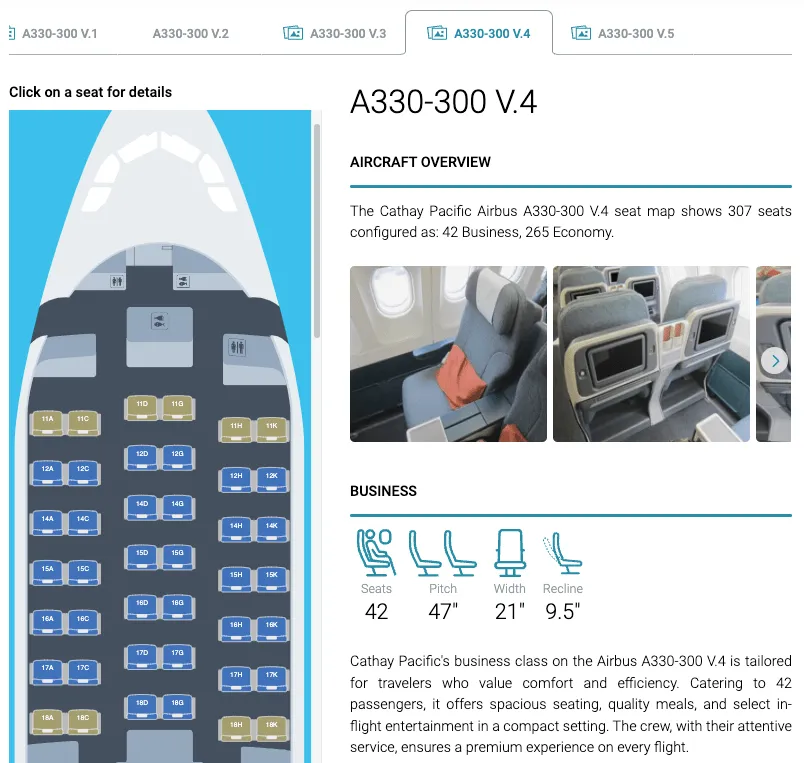 以國泰的 A330-300 V.5 來說,商務艙採用的是 2-2-2 座位陣式,即是假 J