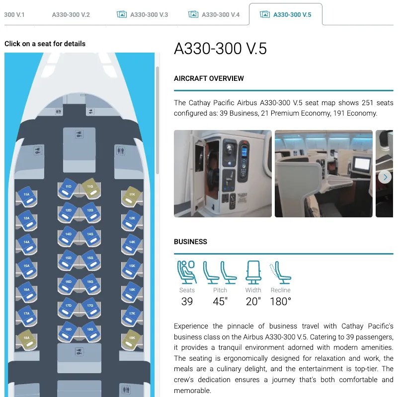 國泰 A330-300 V.5 的座位表採用的是 1-21 的座位陣式,反魚骨式的座位設計,即代表是傳說中的真 J 可平躺商務艙座位。