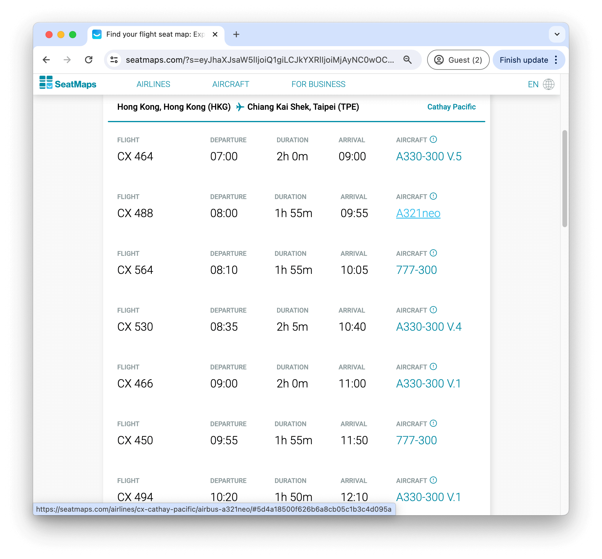 搜索後 SeatMaps 會列出指定航空公司當日該航線的所有航班,亦會顯示每個航班的機型資訊,我們可以直接點擊機型來查看該機型的詳細資訊