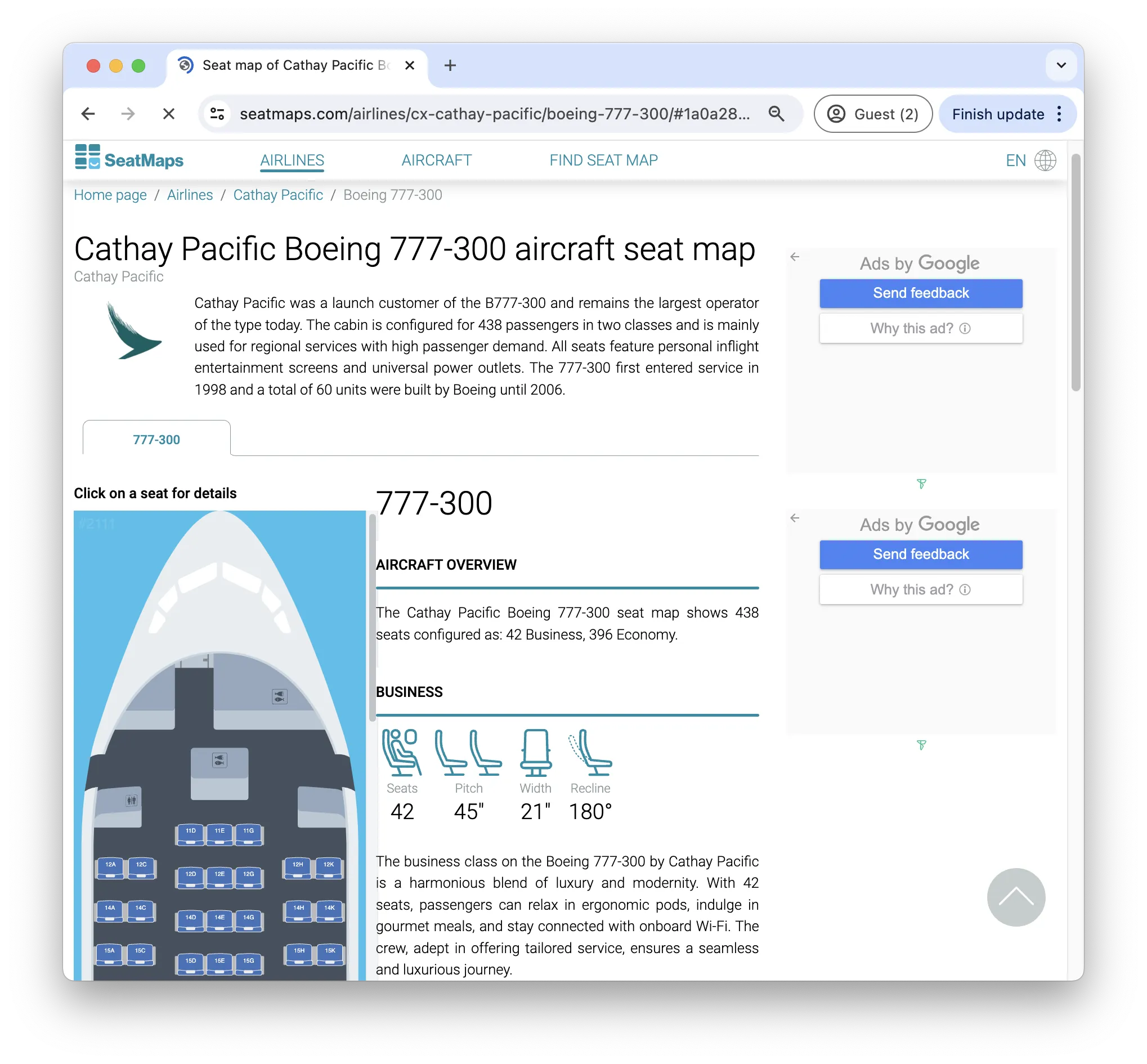 以 CX450 為例,可以看到採用的波音777-300 客機為大機型的航班,可搭載乘搭數量為 438,當中有 396 個經濟艙座位及 42 個商務艙座位