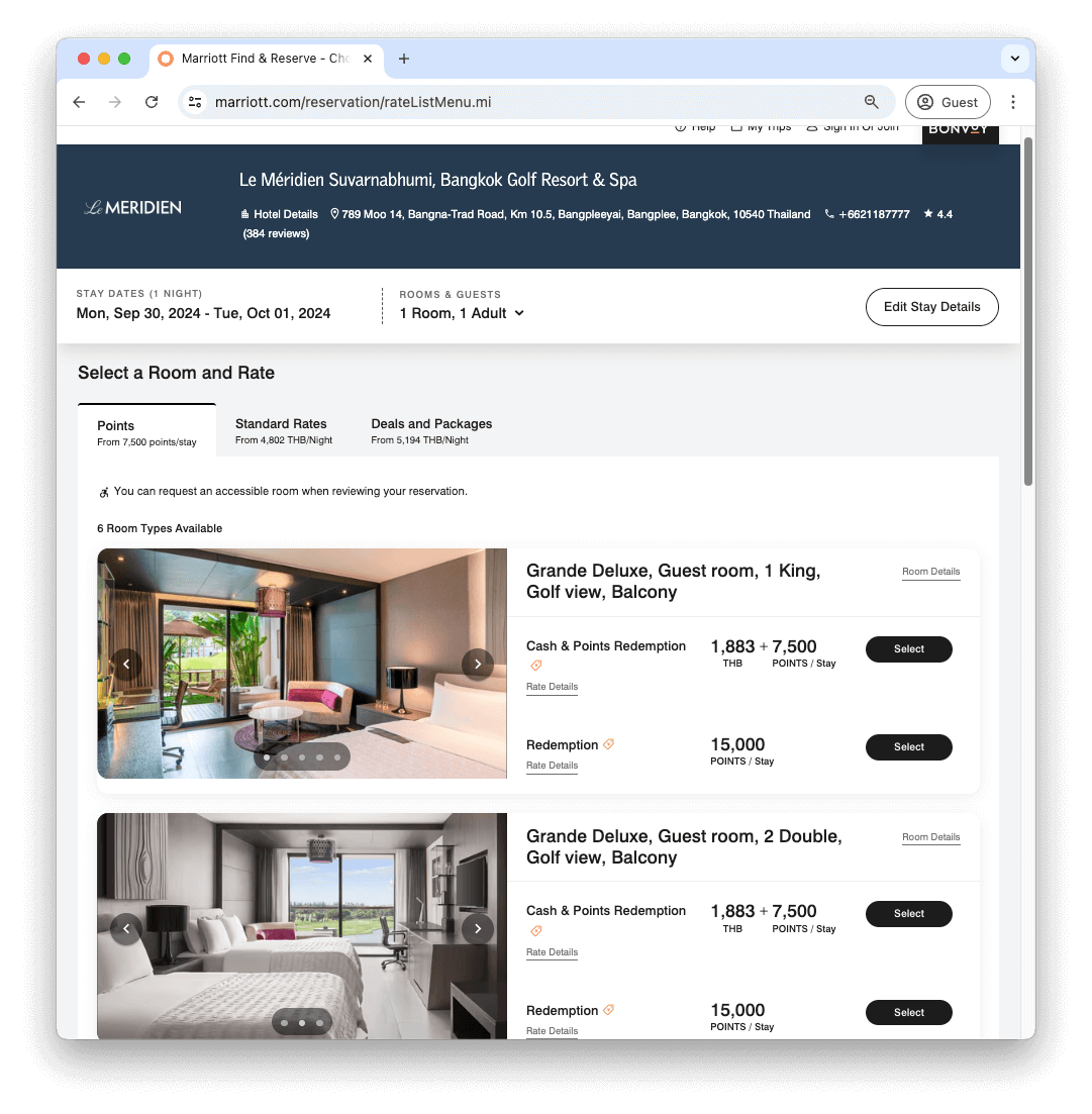 於 2024年9月,15,000 Marriott Bonvoy 積分可以兌換一晚泰國五星級酒店住宿