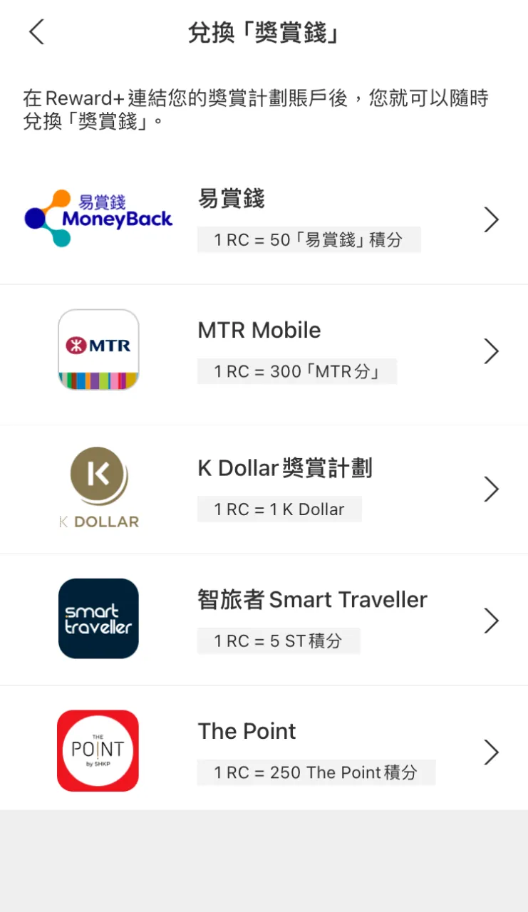 在主頁按兌換「獎賞錢」後,會列出可以用「獎賞錢」兌換的積分計劃和相關兌換率