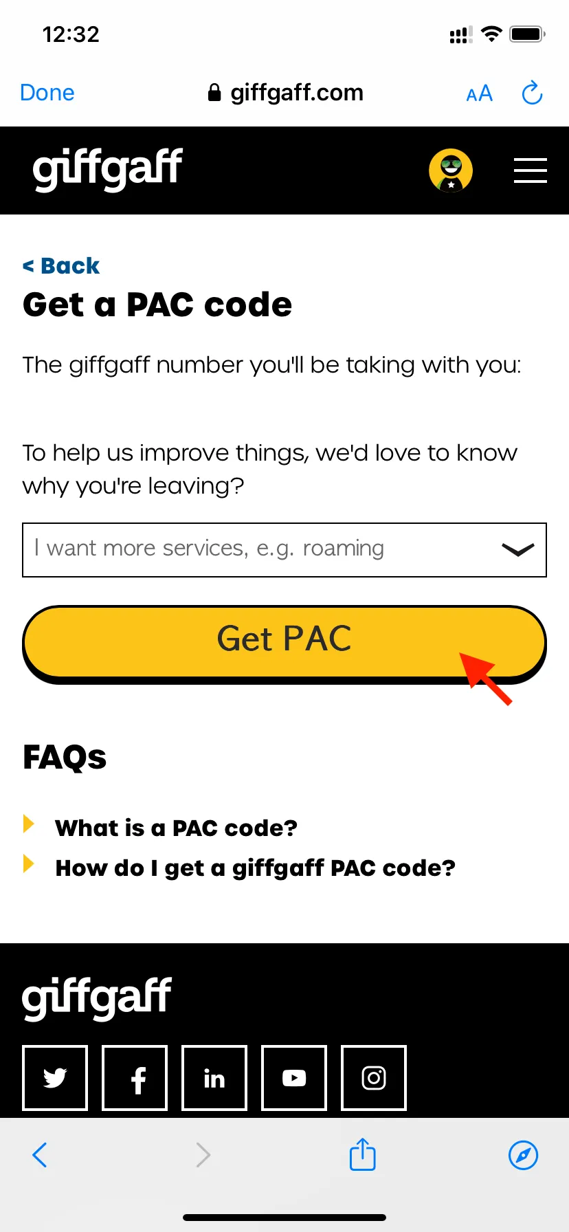我們只需要在 giffgaff 系統裡獲取 PAC 編號即可進行攜號轉台。
