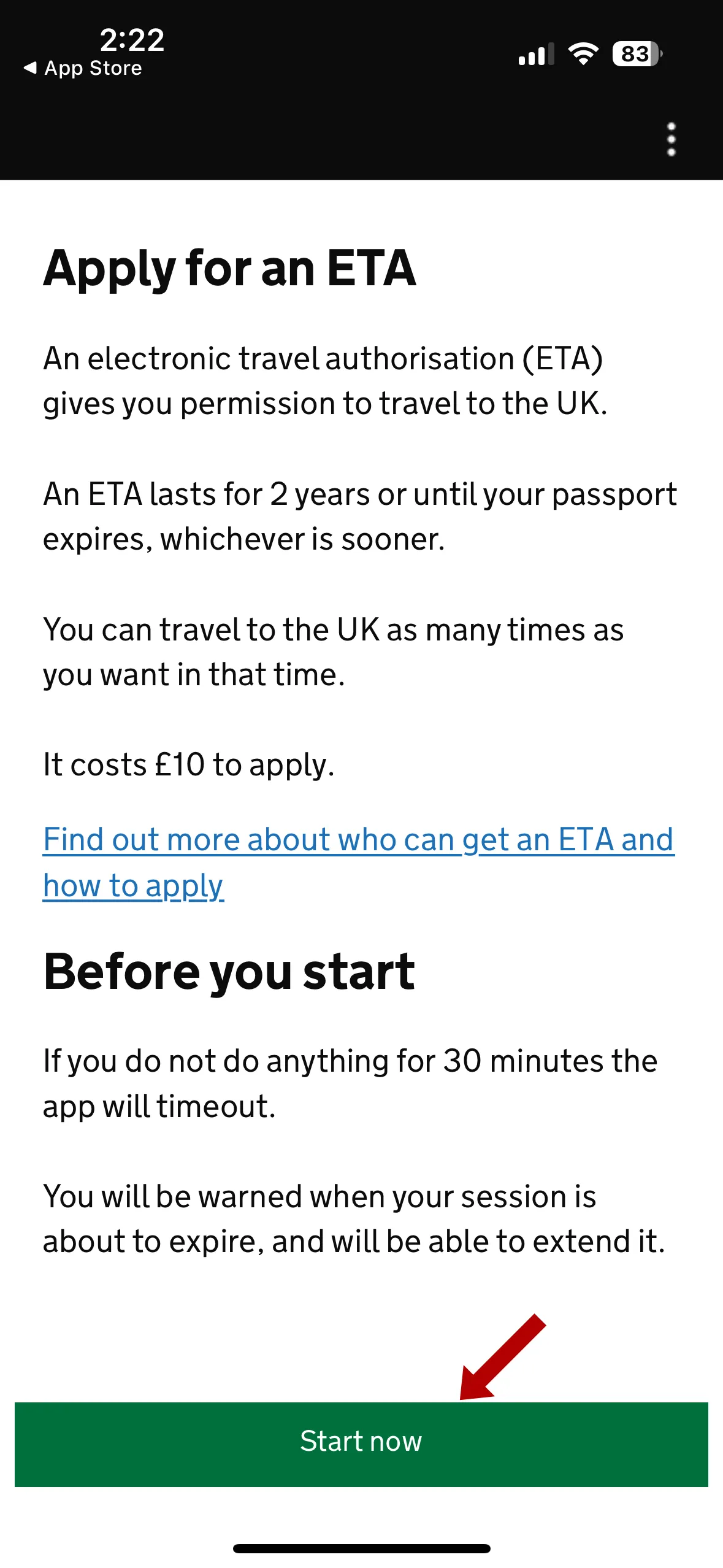 每次成功申請英國 ETA 後,ETA 有效期為兩年,我們可以在有效期內無限次入境英國。英國 ETA 的費用為 £10,即大約 HK0。接下來,可以點擊 Start now 開始申請