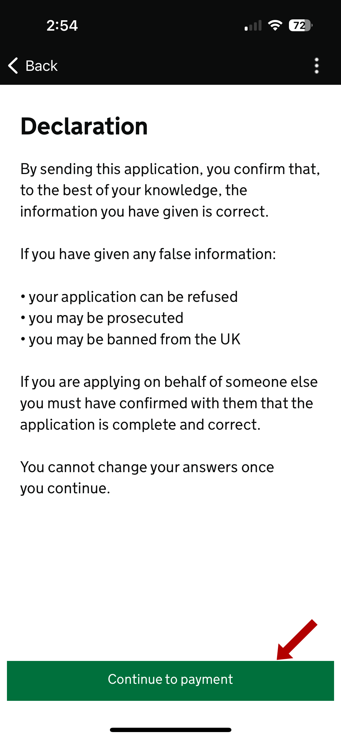 確認所有資料無誤後,我們就需要為英國 ETA 申請進行付款。如果輸入錯誤資料,你將面臨相關申請被拒、申請人被拒入境英國或被起訴等的後果。同意相關條款及細則後,就點擊 Continue to payment 進行付款