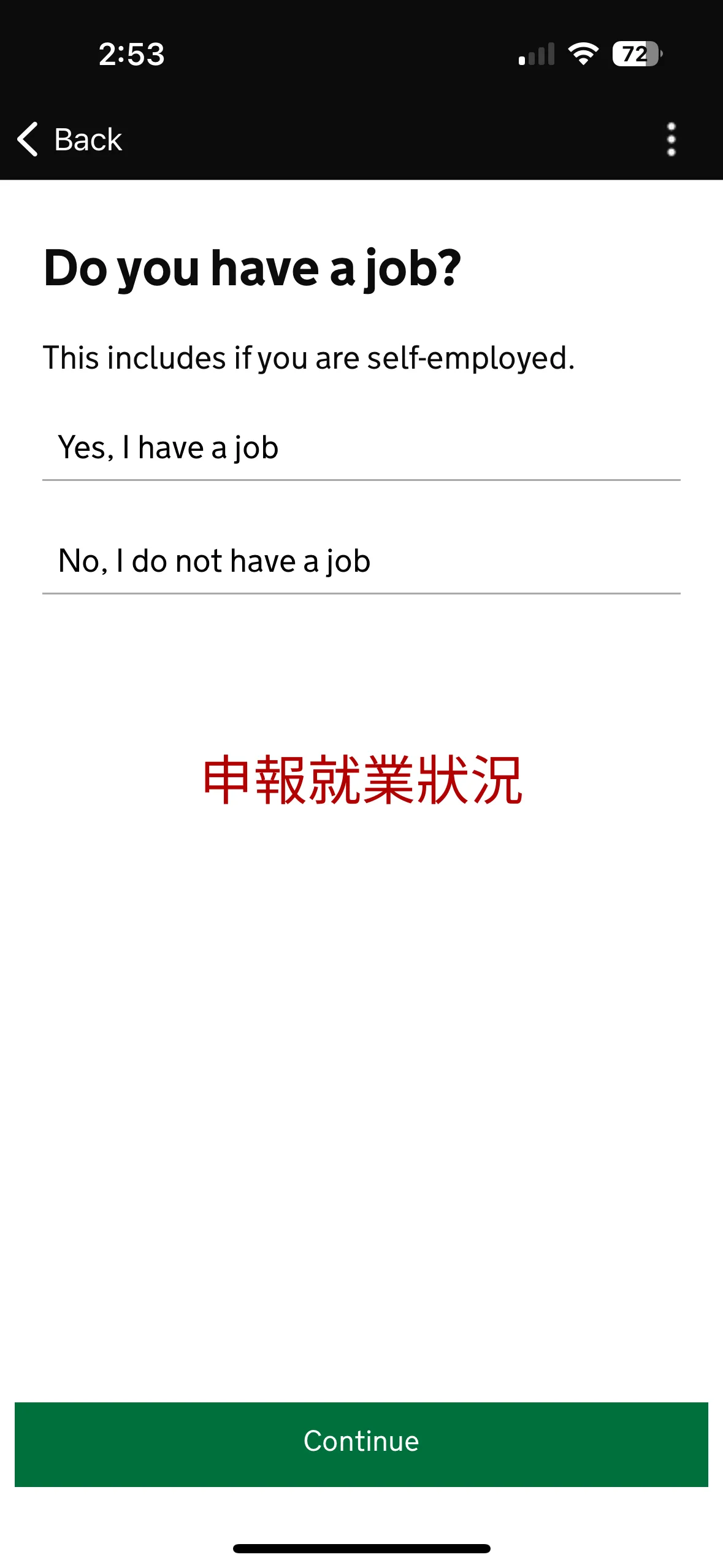然後,我們亦需要申報目前的就業狀況。如果你目前正在工作的話,亦需要申報職業