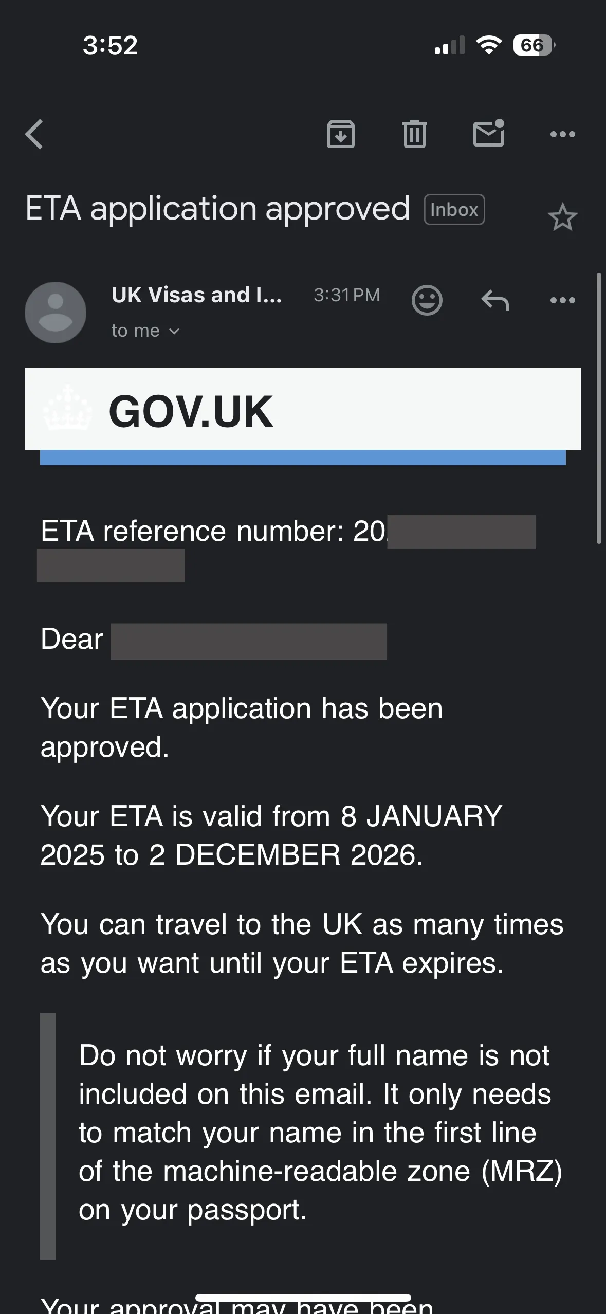 成功付款後,我大概花了 20 多分鐘就成功獲批英國 ETA 的電郵通知啦!電郵內亦會附載 ETA 的有效日期。我們可以在 ETA 有效日期內無限次入境英國!