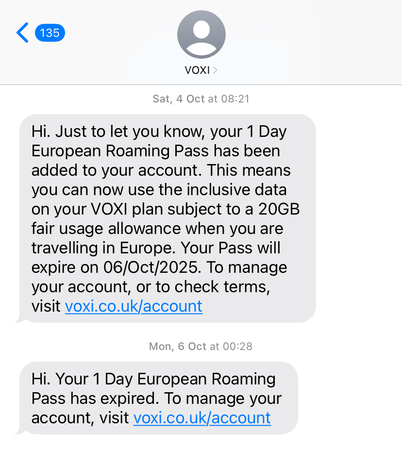 不過 VOXI 的 EU Roaming 很妙,例如我在 10 月 4 日早上買了 1 日的漫遊數據,它大方地在 10 月 6 日才停用我在歐洲漫遊上網的功能,也就是讓我用了將近兩個全日。